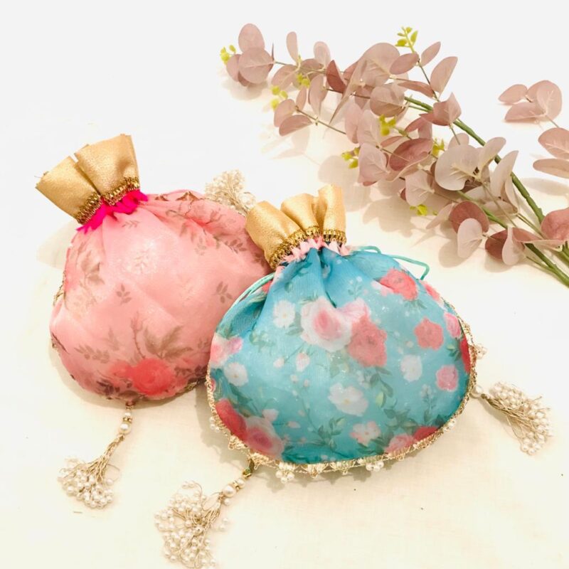 customize floral organza potli set of 10 pieces for give away gifts